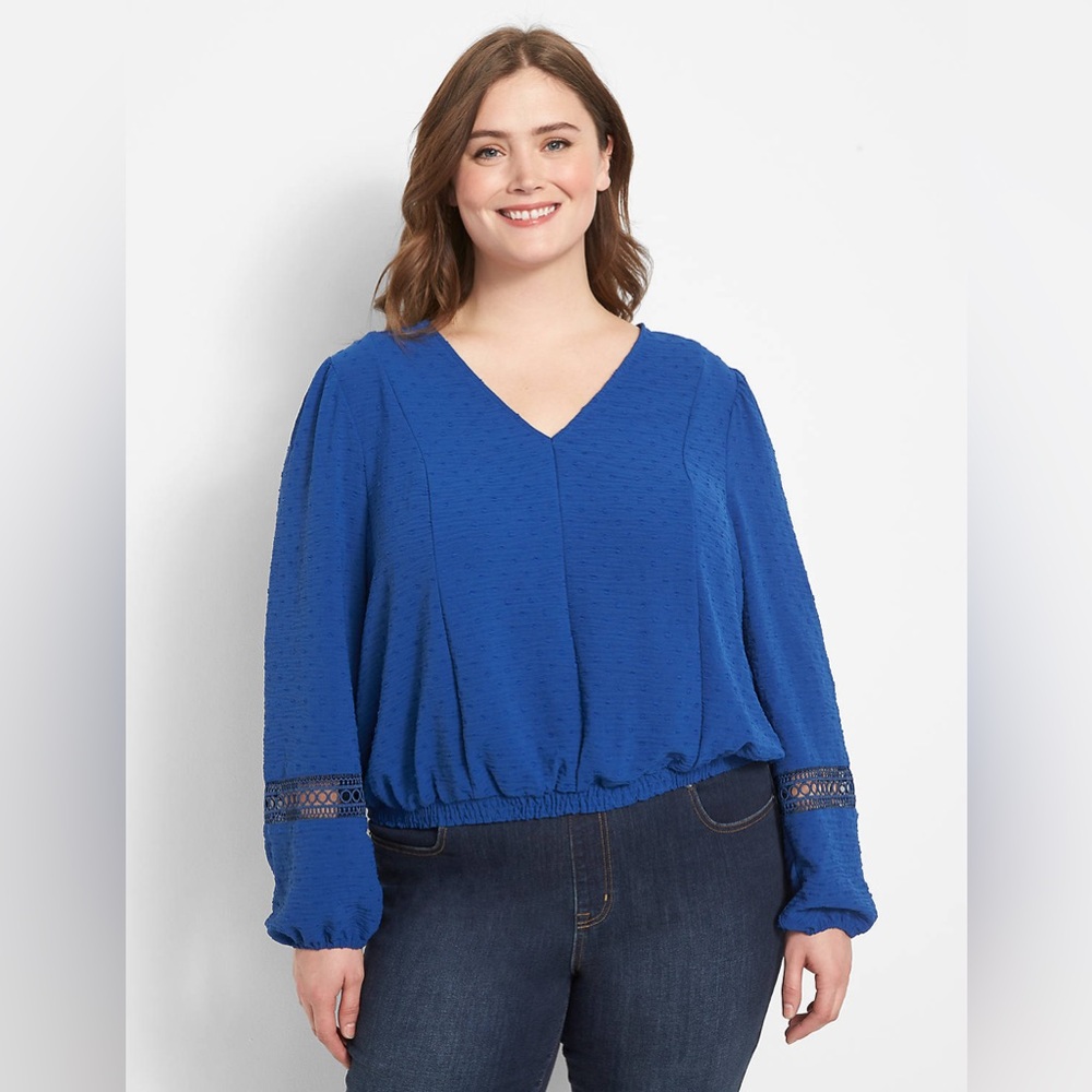 NWT Lane Bryant Blouse Shirt, Balloon Sleeves, V-Neck, Cropped, Blue,‎ Size 16